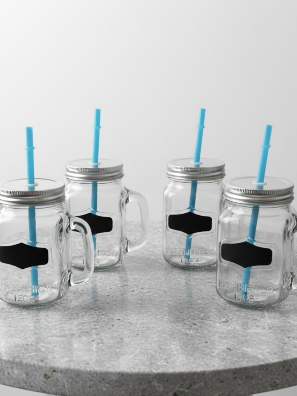 Glass Mason Jar Mugs with Blue Straws and Chalk Labels